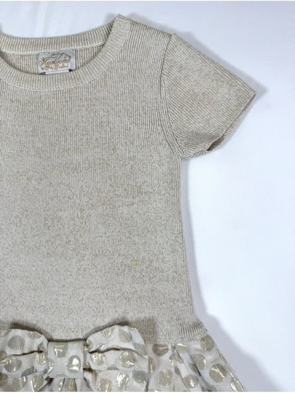 HEIRLOOMS By Polly Flinders Girls Dress Size 5/6 Medium Gold Polka Dot Bow‎ Knit